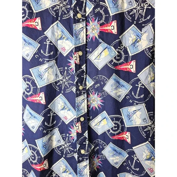 Chaps Mens Medium Navy Blue Nautical Postage Stamp Sailboat Cotton Button Down - Picture 2 of 6